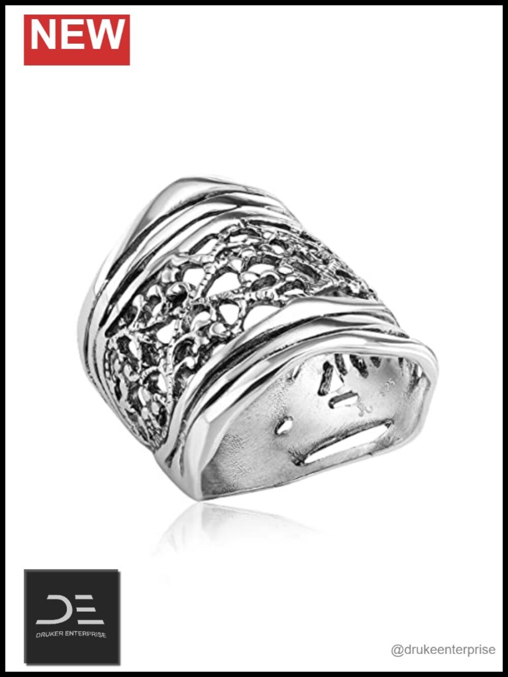 925 Sterling Silver Shield Ring - Oxidized Vintage Filigree